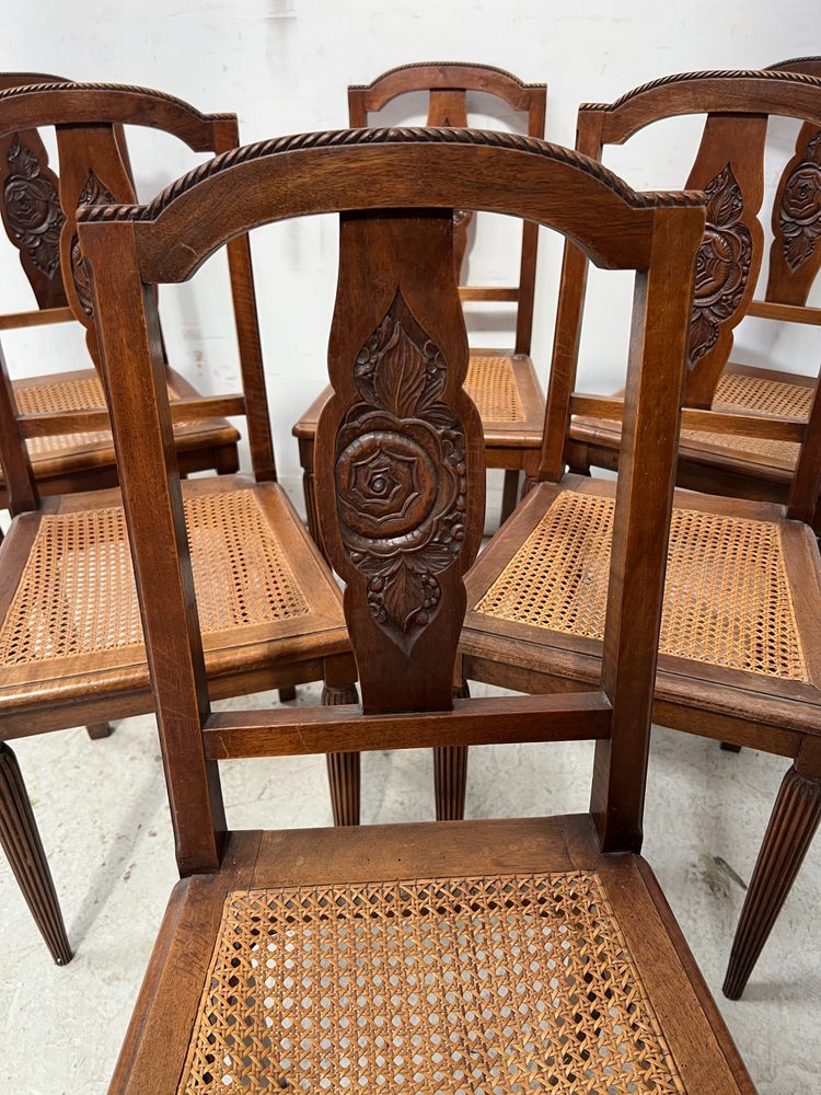 Set of six Art Deco chairs in solid walnut, 20th century