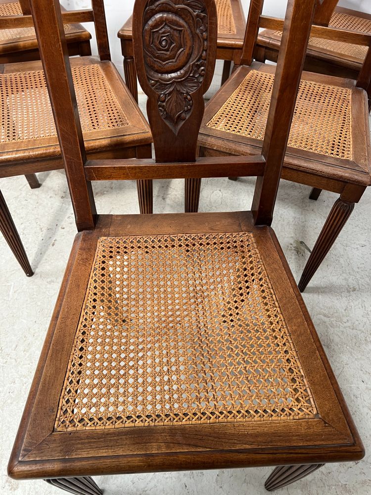 Set of six Art Deco chairs in solid walnut, 20th century