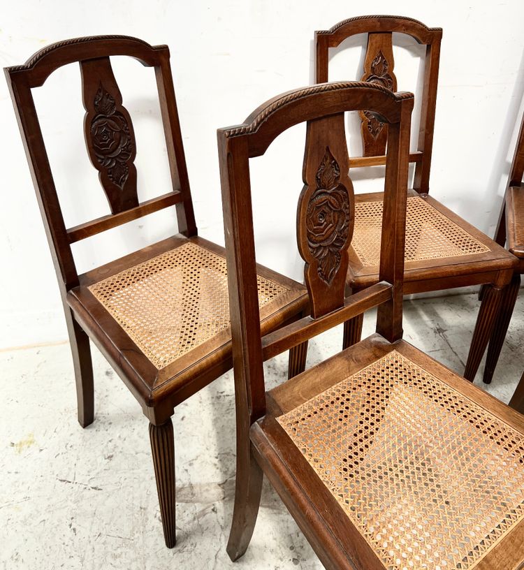 Set of six Art Deco chairs in solid walnut, 20th century