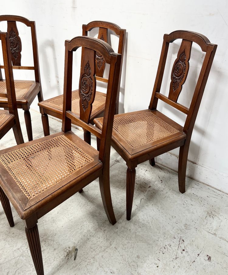 Set of six Art Deco chairs in solid walnut, 20th century