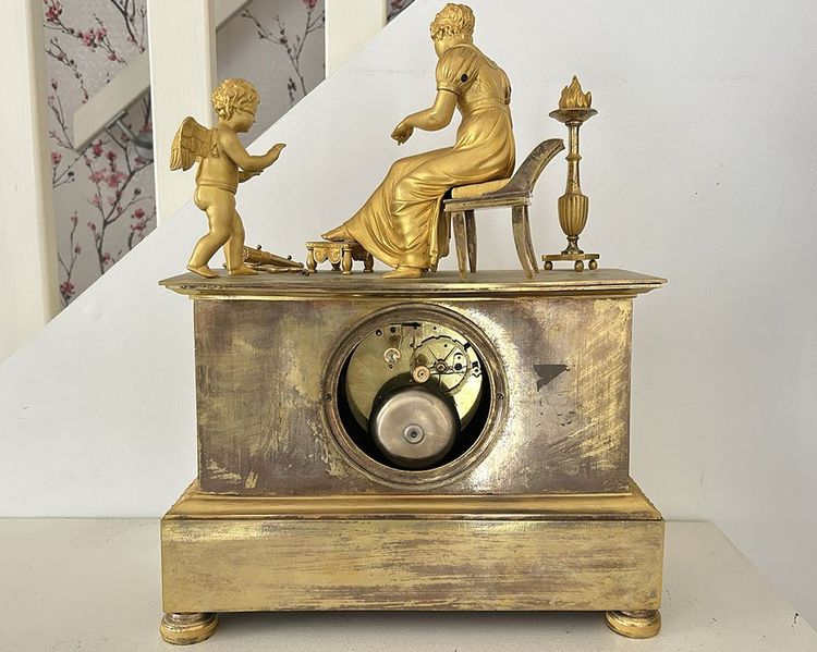 Pendule Empire bronze doré Vénus Cupidon aveugle Antéros Renaux Paris XIXè