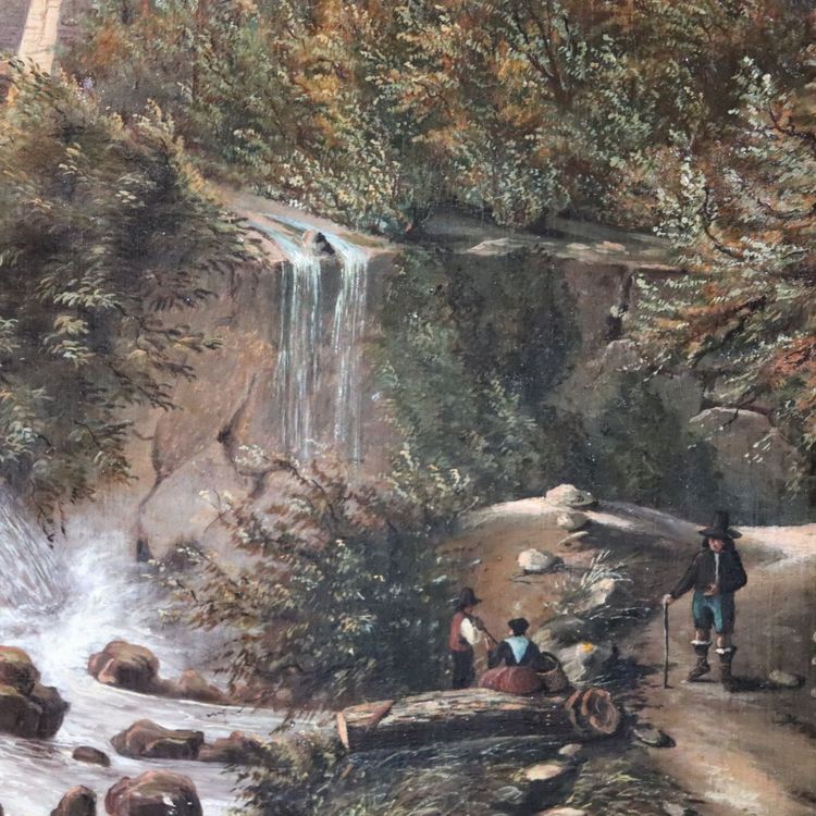 Paesaggio con castello, olio su tela firmato M.G., Italia, XVIII secolo