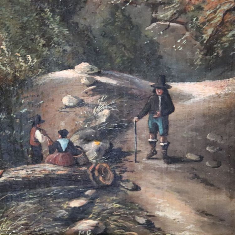 Paesaggio con castello, olio su tela firmato M.G., Italia, XVIII secolo