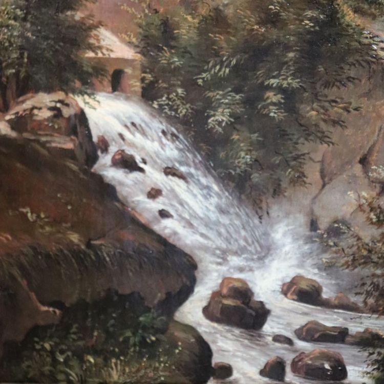 Paesaggio con castello, olio su tela firmato M.G., Italia, XVIII secolo