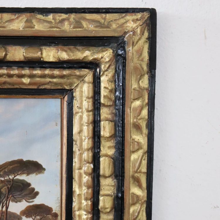 Paesaggio con castello, olio su tela firmato M.G., Italia, XVIII secolo
