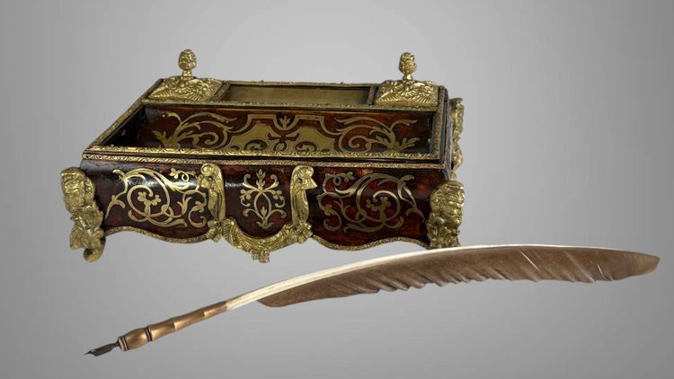 NAPOLEON III INKSTAND IN BOULLE MARQUETRY, DECORATED WITH BRONZE, AND ITS PEN HOLDER