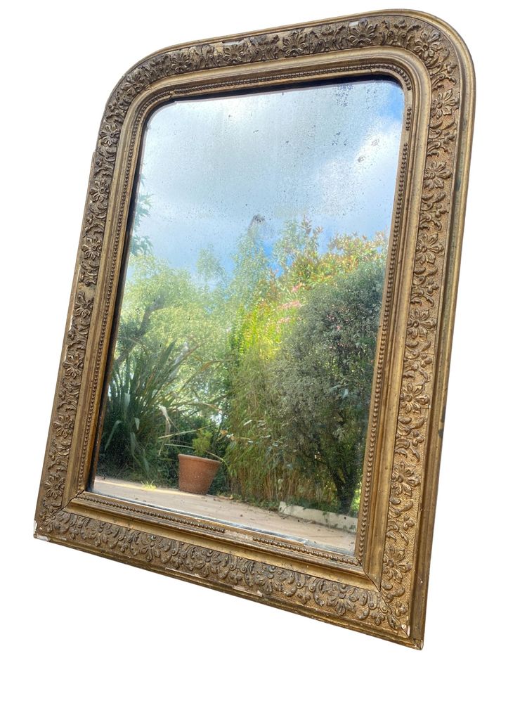 Miroir Louis Philippe en Bois Stuqué et Doré, XIXème, 50cm x 70cm
