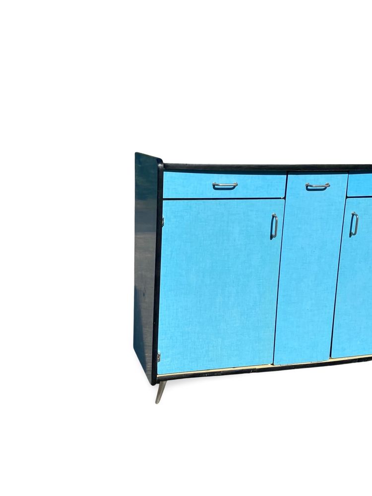 Buffet en Formica Bleu et Jaune avec Huche à Pain, Années 1960,  H92 x L150 x P43