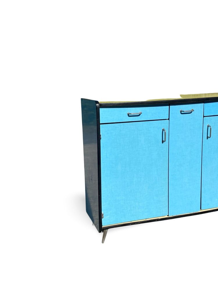 Buffet en Formica Bleu et Jaune avec Huche à Pain, Années 1960,  H92 x L150 x P43