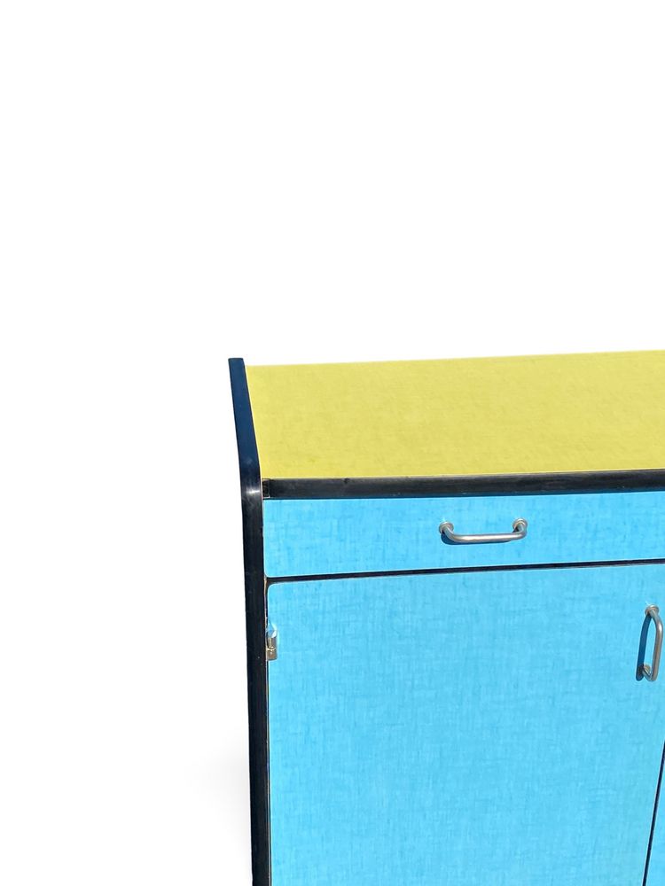 Buffet en Formica Bleu et Jaune avec Huche à Pain, Années 1960,  H92 x L150 x P43