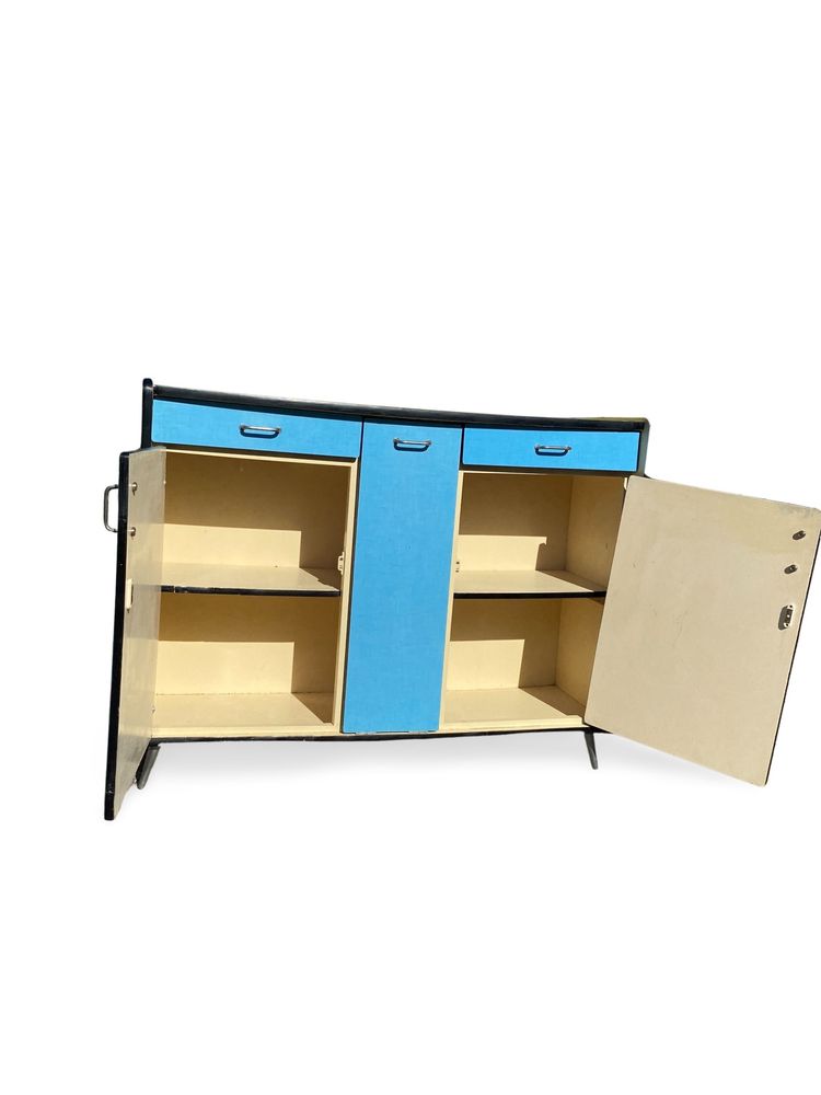 Buffet en Formica Bleu et Jaune avec Huche à Pain, Années 1960,  H92 x L150 x P43