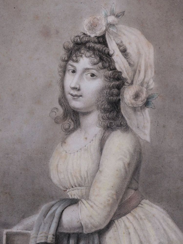 École FRANÇAISE fin XVIIIème siècle, Portrait de jeune femme, dessin ancien signé Augustin