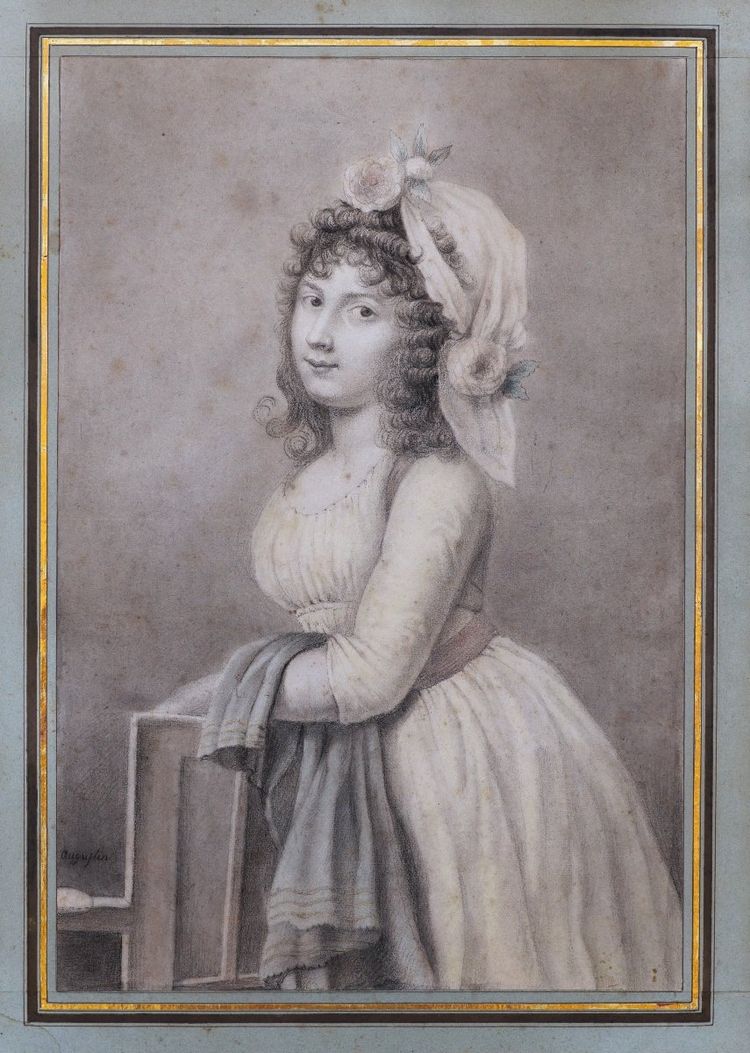 École FRANÇAISE fin XVIIIème siècle, Portrait de jeune femme, dessin ancien signé Augustin