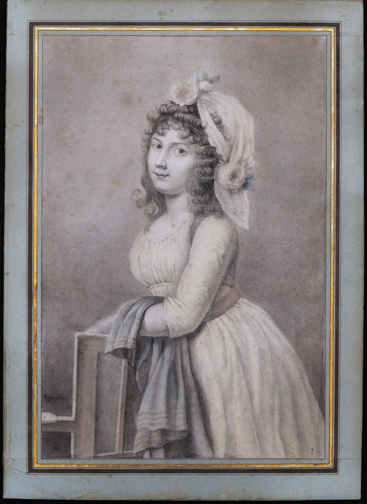 École FRANÇAISE fin XVIIIème siècle, Portrait de jeune femme, dessin ancien signé Augustin