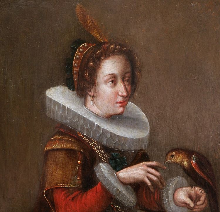 Frans FRANCKEN III, Noble dame tenant un oiseau, tableau ancien flamand (XVIIème)
