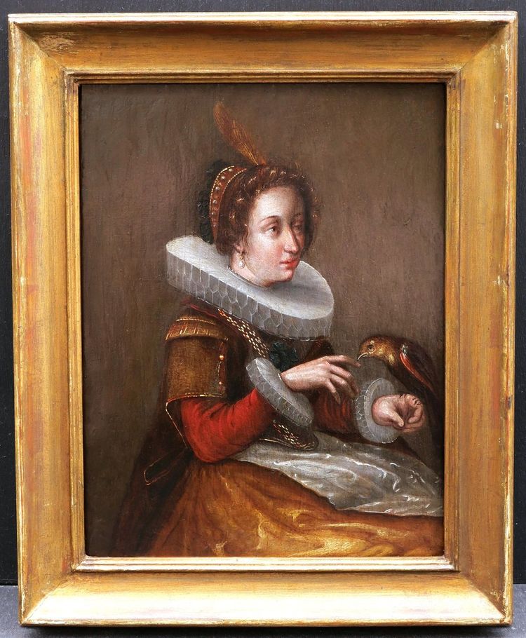 Frans FRANCKEN III, Noble dame tenant un oiseau, tableau ancien flamand (XVIIème)