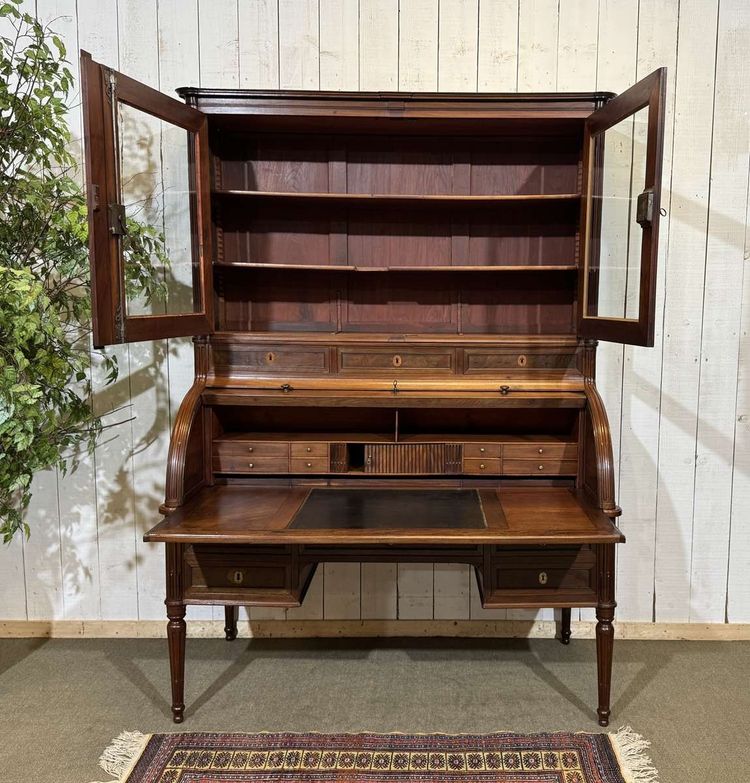 Bureau à cylindre bibliothèque d'époque Louis XVI en acajou et noyer avec serrures à trèfles 