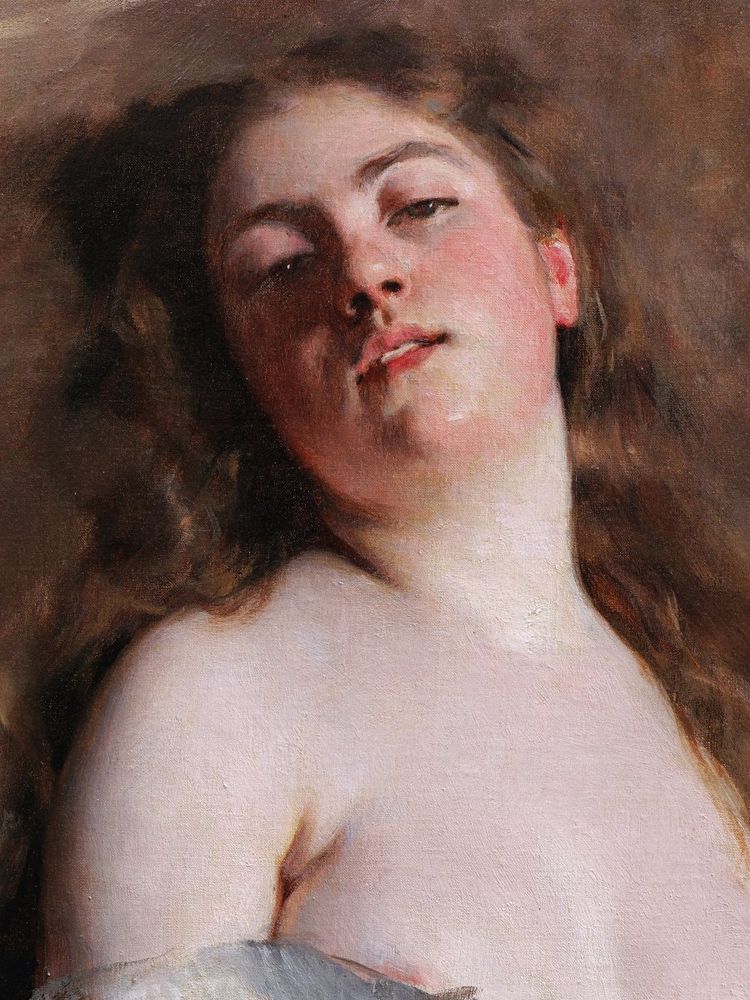 Charles Joshua CHAPLIN, Femme allongée à la poitrine dénudée, tableau de nu féminin