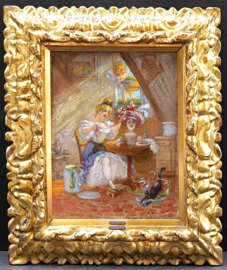 Adolphe Léon WILLETTE , Mimi Pinson dans sa mansarde à Montmartre, tableau