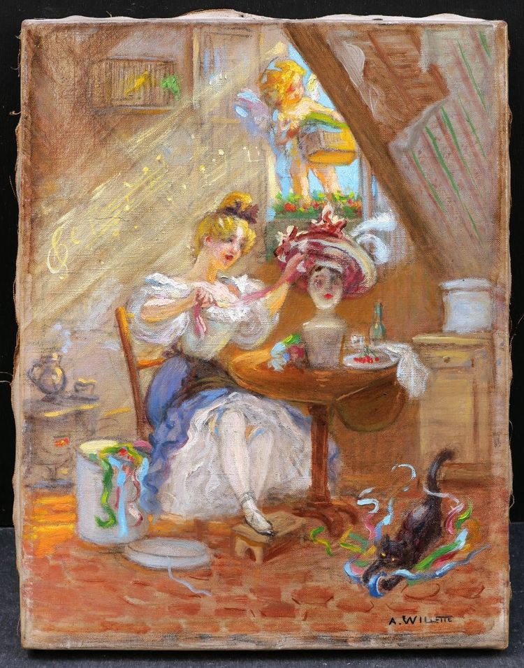 Adolphe Léon WILLETTE , Mimi Pinson dans sa mansarde à Montmartre, tableau
