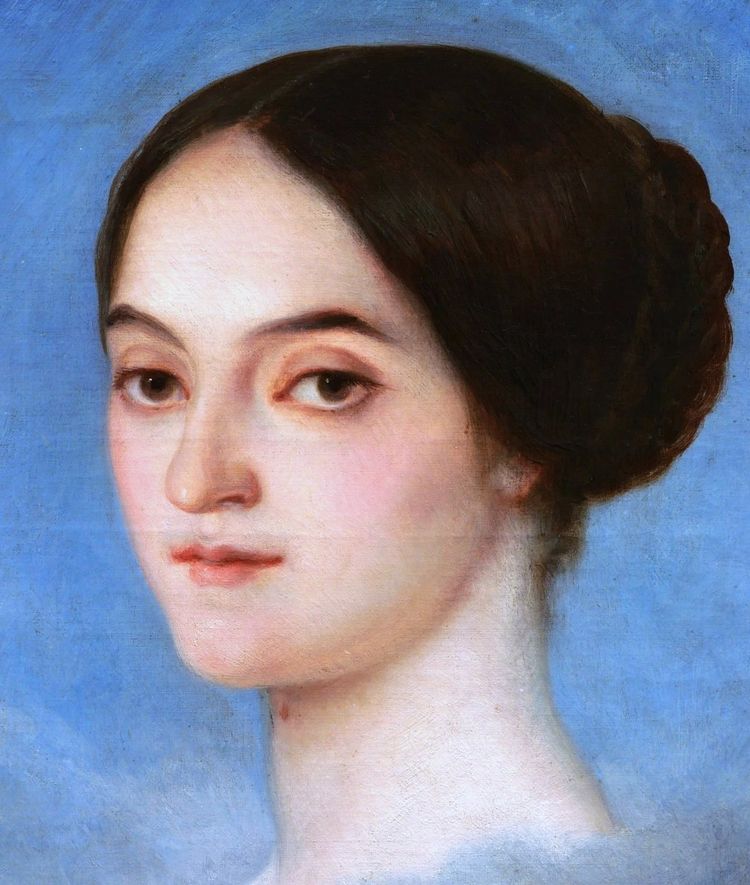 Félix-Joseph BARRIAS, Portrait de femme sur fond bleu, tableau en tondo