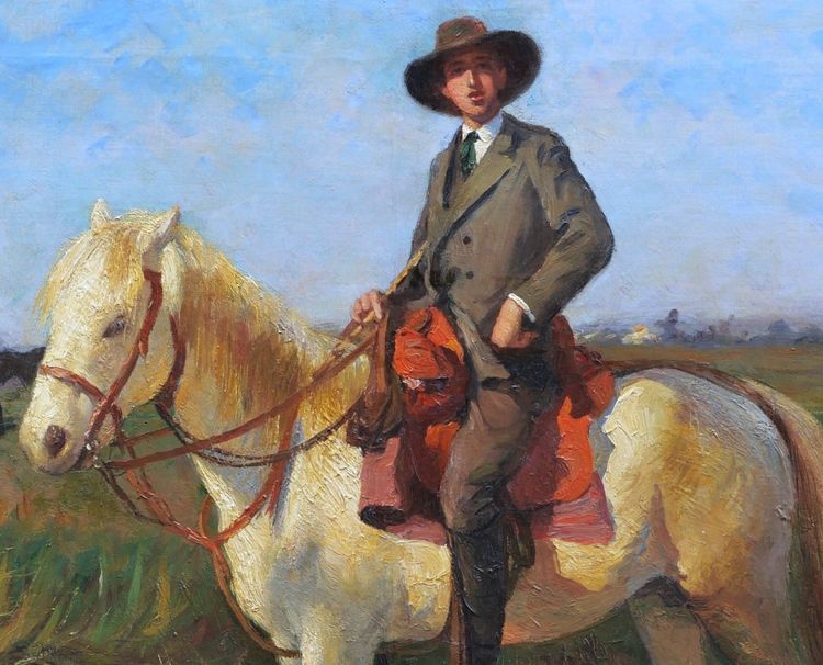 Léon Laurent GALANT, Gentilhomme d'Arles à cheval en Camargue, tableau portrait et paysage