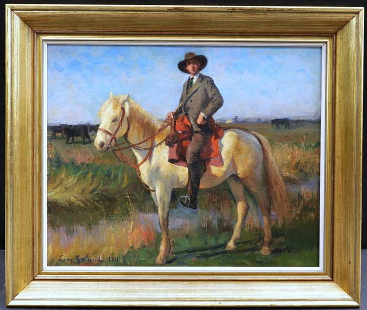 Léon Laurent GALANT, Gentilhomme d'Arles à cheval en Camargue, tableau portrait et paysage