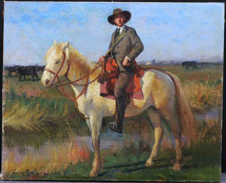 Léon Laurent GALANT, Gentilhomme d'Arles à cheval en Camargue, tableau portrait et paysage