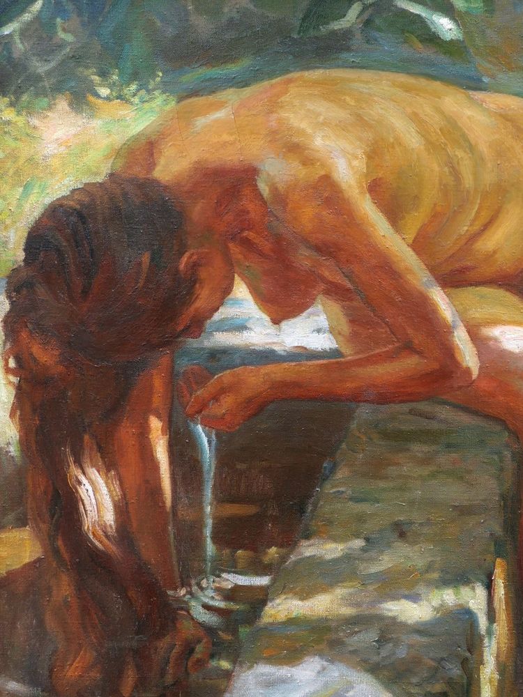 Claude FIRMIN, Femme nue à la fontaine en Avignon, tableau (GRAND FORMAT)