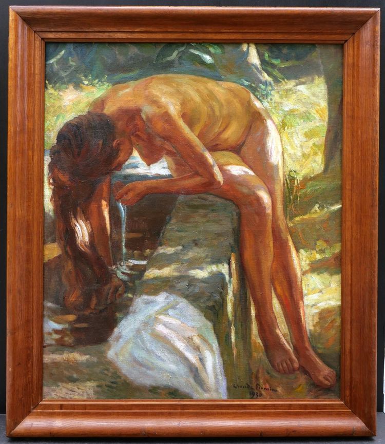 Claude FIRMIN, Femme nue à la fontaine en Avignon, tableau (GRAND FORMAT)