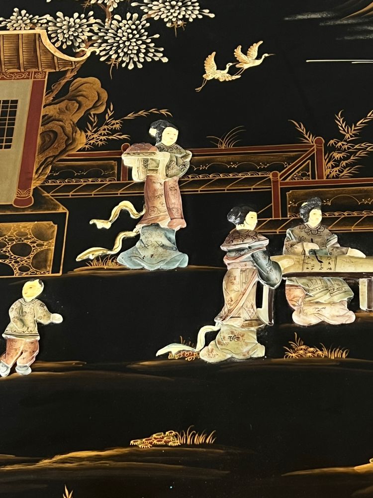 Chinoiserie-style Coffee Table Made Of Lacquered Wood With Mother-of-pearl Inlay, 20th Century