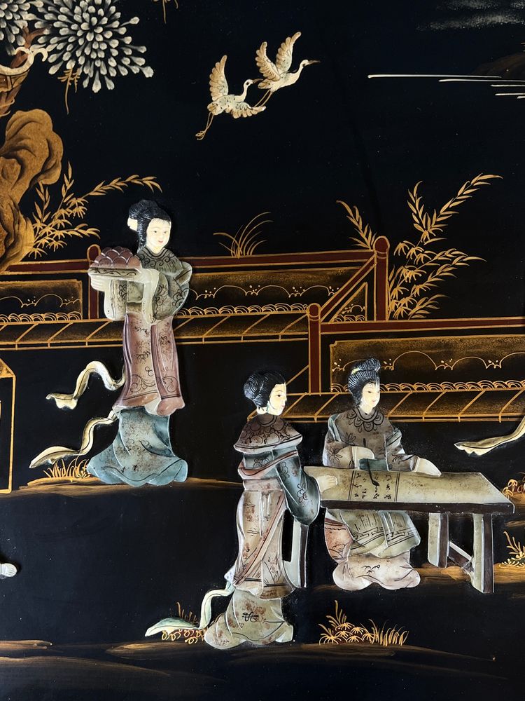 Chinoiserie-style Coffee Table Made Of Lacquered Wood With Mother-of-pearl Inlay, 20th Century