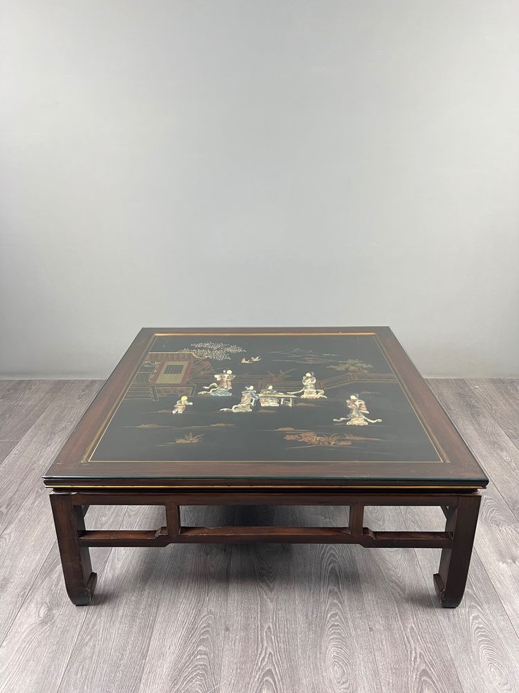 Chinoiserie-style Coffee Table Made Of Lacquered Wood With Mother-of-pearl Inlay, 20th Century