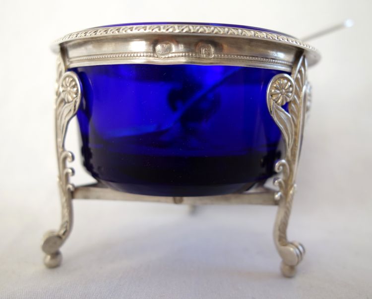 Paire de salerons / salières Empire en argent massif et cristal bleu - poinçon 2e Coq