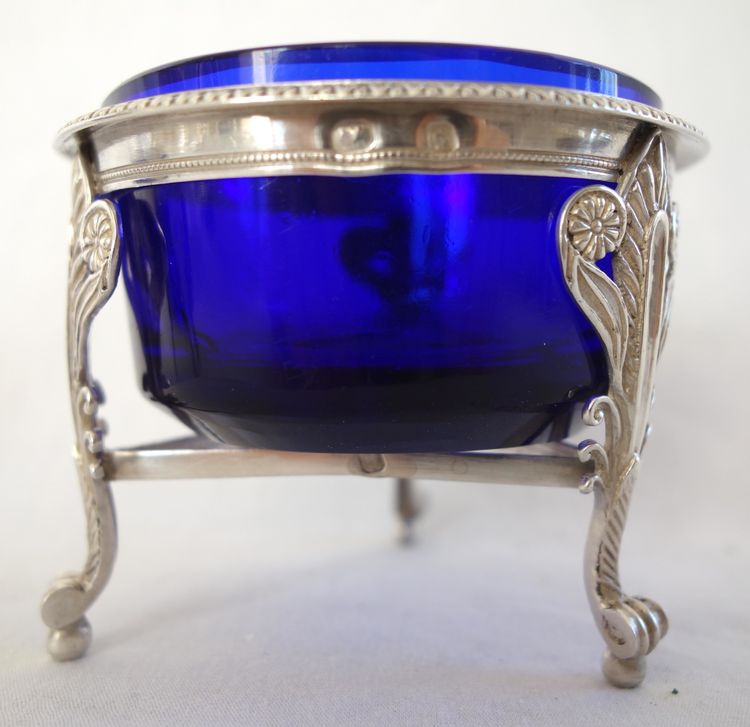 Paire de salerons / salières Empire en argent massif et cristal bleu - poinçon 2e Coq