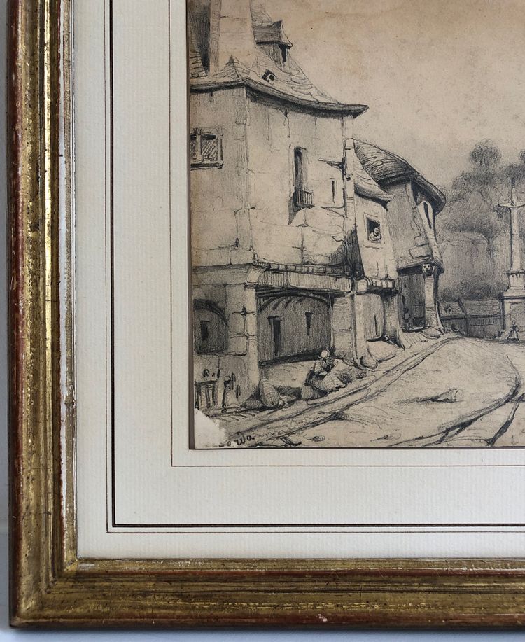 Ecole française du XIXe siècle - Vue de village - Dessin ancien encadré