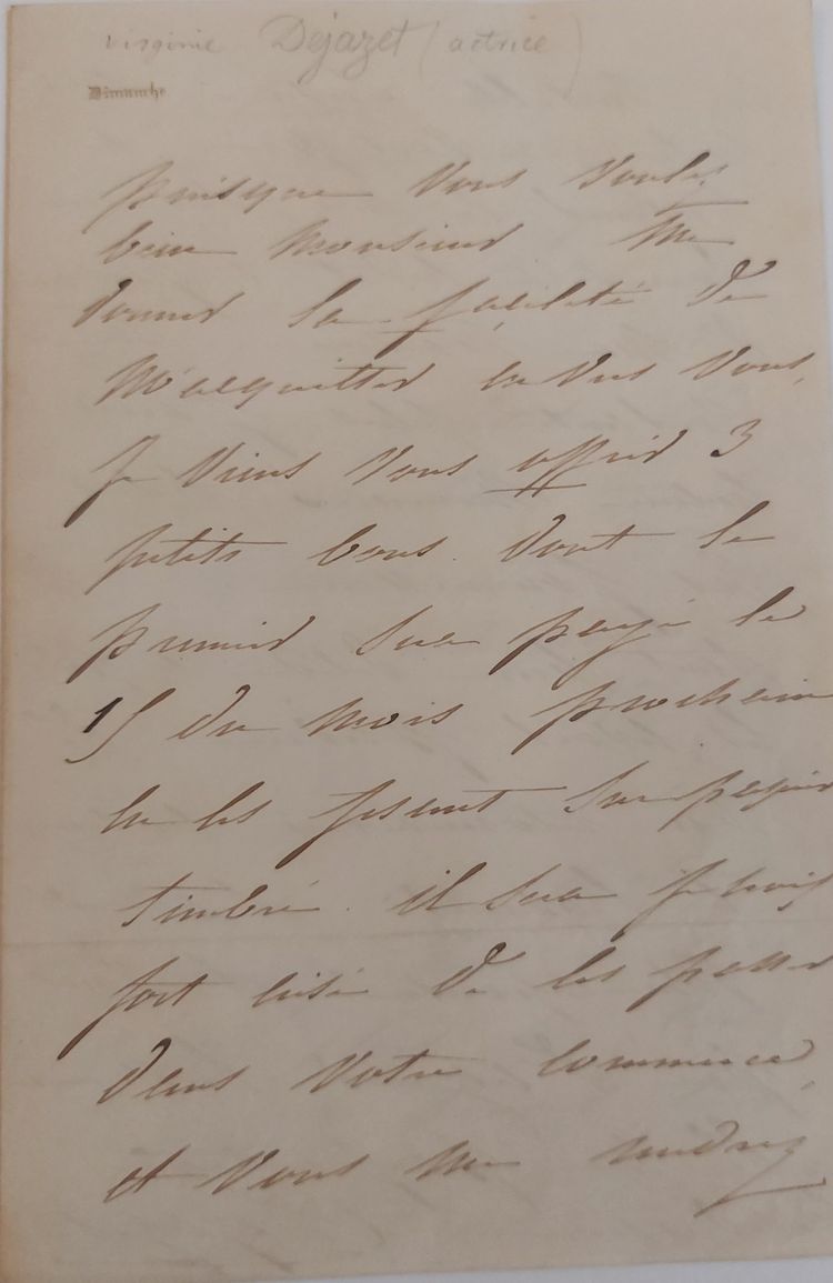 [James de Rothschild] - Virginie DEJAZET -  [Paris 1798 - Belleville 1875] - Lettre autographe