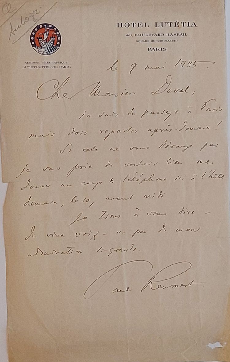 [Danemark - théatre] - Paul REUMERT - [1883 - 1968] - acteur danois - Correspondance autographe