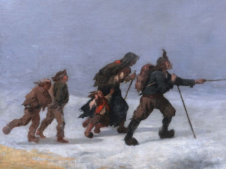 École FRANÇAISE XIXème siècle, Paysans dans la tempête (scène de chouannerie?), tableau