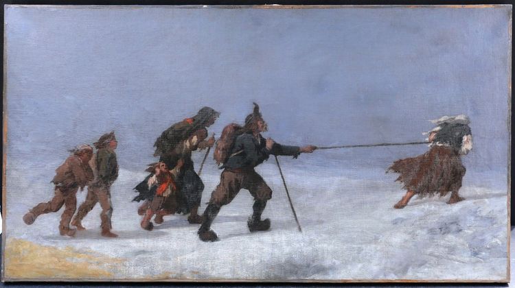 École FRANÇAISE XIXème siècle, Paysans dans la tempête (scène de chouannerie?), tableau