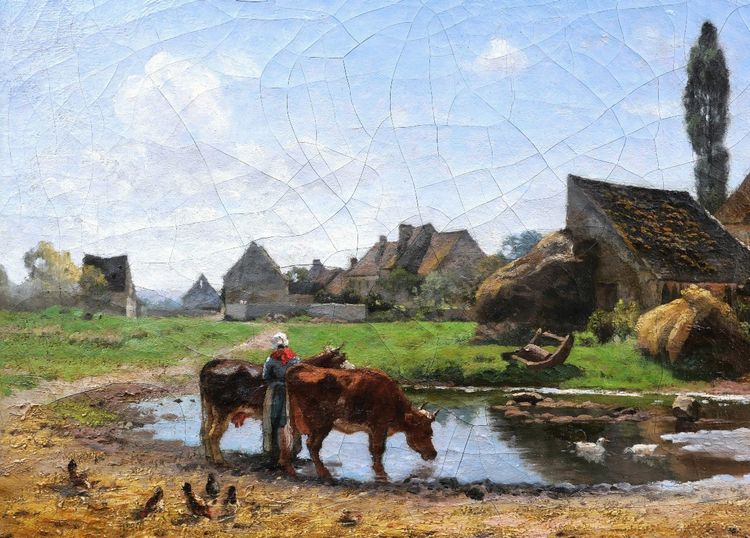 Louis Alexandre BOUCHÉ, „Bäuerin und Kühe an der Tränke“, Gemälde