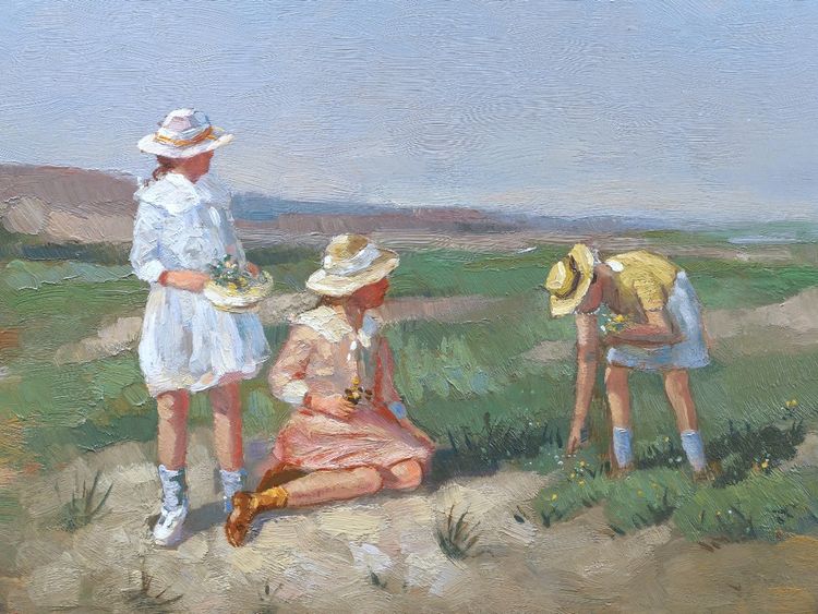 Joop VAN LEEUWEN, Mädchen beim Blumenpflücken in den Dünen (Gemälde)