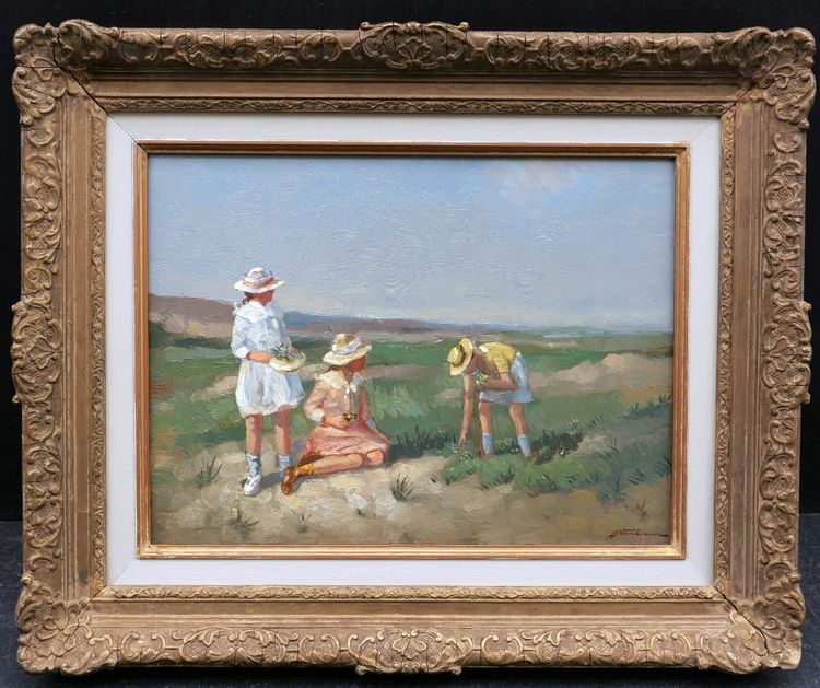 Joop VAN LEEUWEN, Mädchen beim Blumenpflücken in den Dünen (Gemälde)