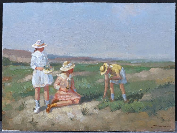 Joop VAN LEEUWEN, Mädchen beim Blumenpflücken in den Dünen (Gemälde)