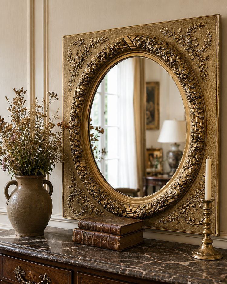 Large Louis XVI-style mirror with gilded wood and decorative elements – Early 20th century