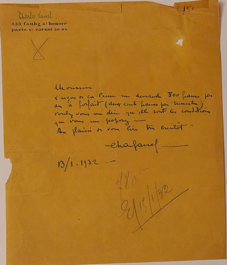 VANEL Charles - (Rennes 1892 - 1989) - Acteur français - 2 lettres autographes signées