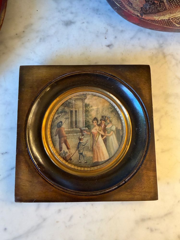 19th-century miniature: an elegant stroll through a garden