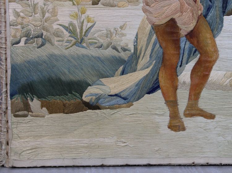 Il battesimo di Gesù Cristo da parte di Giovanni Battista: pannello religioso con ricamo e guazzo su seta