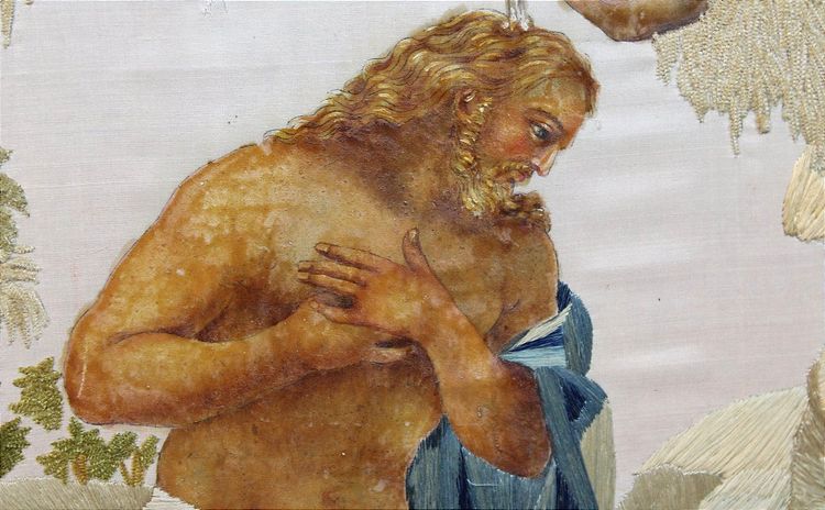 Il battesimo di Gesù Cristo da parte di Giovanni Battista: pannello religioso con ricamo e guazzo su seta
