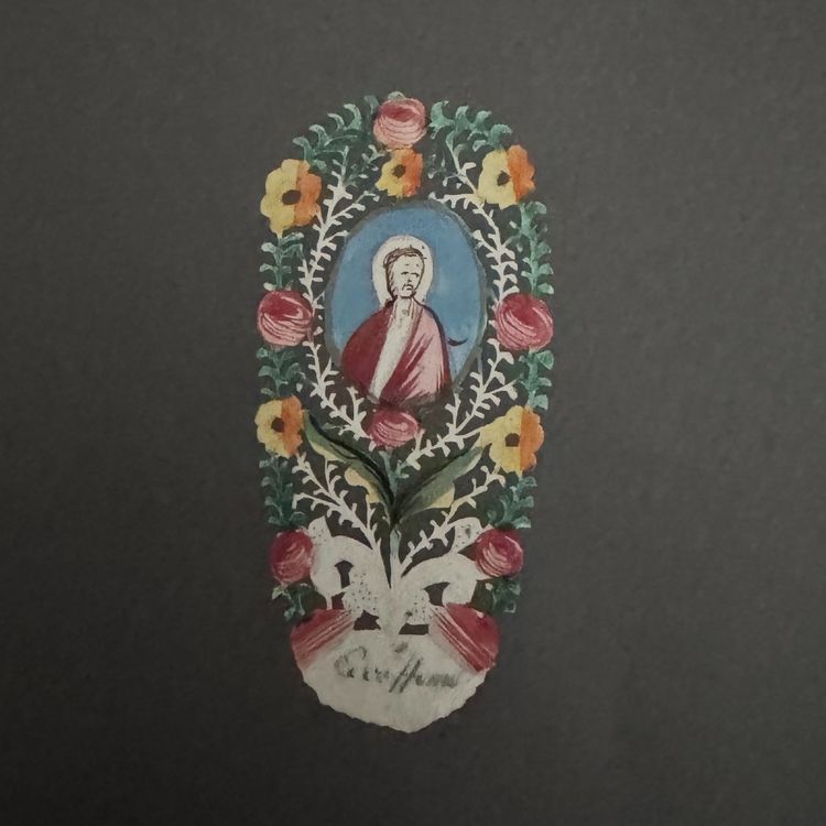 Canivet hand-painted gouache 18th-century decoration of a saint's paper lace